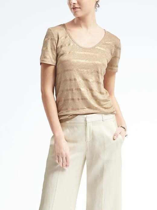 Banana Republic Short Sleeve Metallic Linen Scoop Tee - Golden Beige