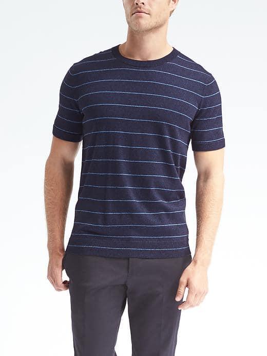 Banana Republic Mens Stripe Silk Cotton Cashmere Short Sleeve Pullover - Navy Star