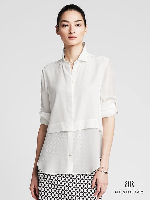 Banana Republic Monogram Pieced White Silk Blouse - Snow Day