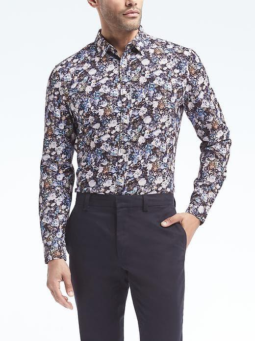 Banana Republic Mens Grant Fit Floral Flannel Shirt - Blue Print