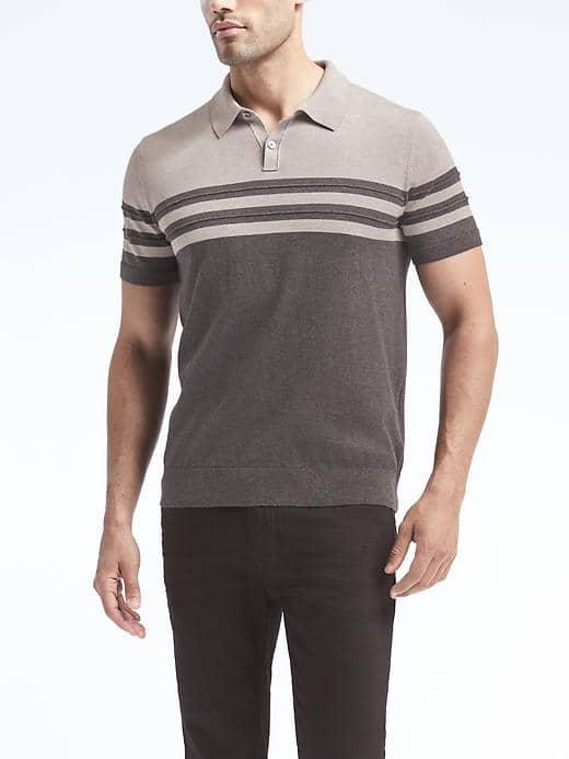 Banana Republic Mens Block Stripe Supima Cotton Sweater Polo - Chrome Gray