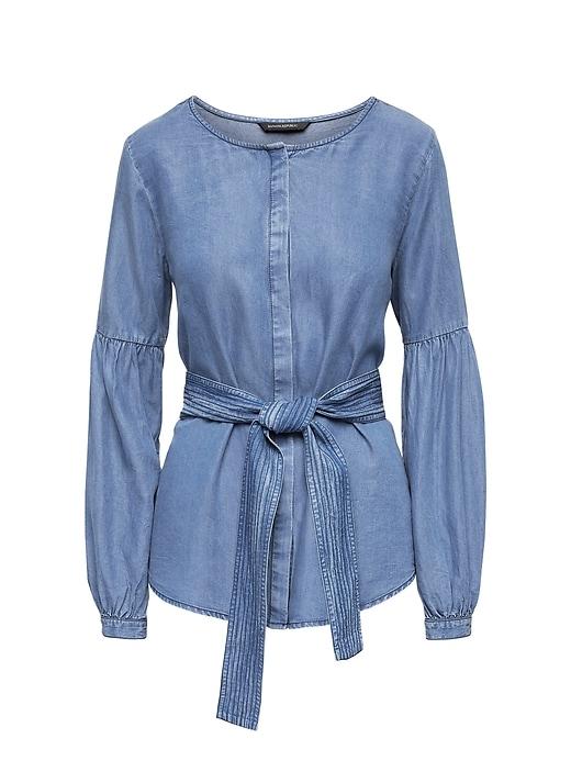 Banana Republic Womens Bubble-sleeve Tencel Top With Tie At Waist Light Wash Size Xs