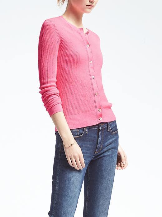 Banana Republic Womens Merino Ribbed Pointelle Cardigan - Hot Pink