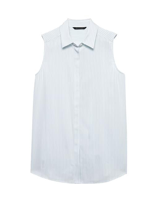 Banana Republic Womens Life In Motion Parker Tunic-fit Stripe Washable Silk Sleeveless Shirt With Crossover Back Light Blue Stripe Size Xxs