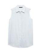 Banana Republic Womens Life In Motion Parker Tunic-fit Stripe Washable Silk Sleeveless Shirt With Crossover Back Light Blue Stripe Size Xxs