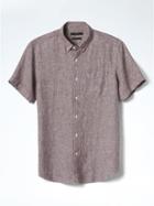 Banana Republic Mens Camden Fit Micro Stripe Linen Short Sleeve Shirt - Merlot