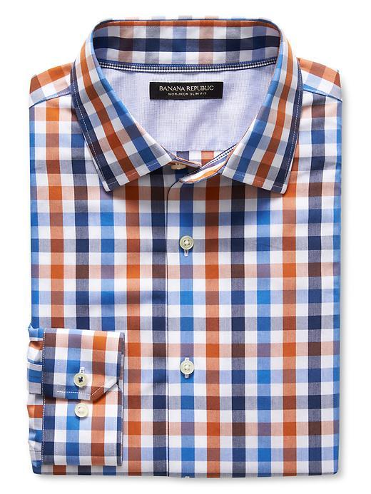 Banana Republic Mens Camden Fit Non Iron Orange Gingham Shirt Size L Tall - Autumn Orange