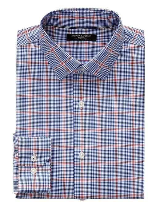 Banana Republic Mens Camden Standard-fit Non-iron Plaid Shirt Tanzanite Gem Size Xxs