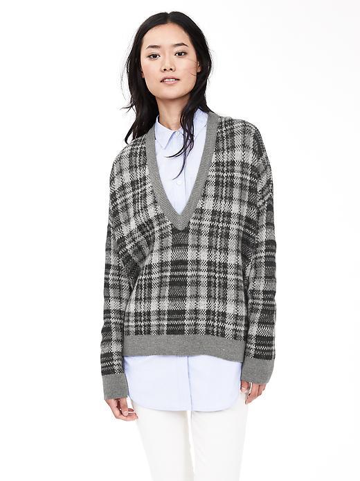 Banana Republic Womens Plaid Vee Pullover Size L - Black