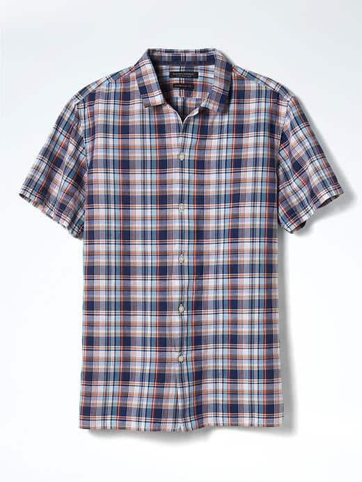 Banana Republic Mens Camden Fit Plaid Linen Cotton Short Sleeve Shirt - Crimson Red