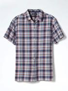 Banana Republic Mens Camden Fit Plaid Linen Cotton Short Sleeve Shirt - Crimson Red