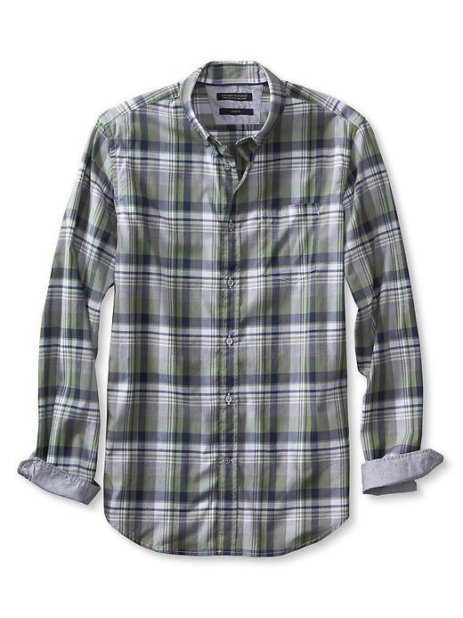 Banana Republic Mens Slim Fit Custom 078 Wash Green Plaid Oxford Size L Tall - Foliage Green