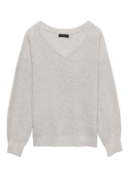 Banana Republic Womens Wool-cotton Blend Ribbed V-neck Sweater Light Gray Size M