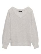 Banana Republic Womens Wool-cotton Blend Ribbed V-neck Sweater Light Gray Size M