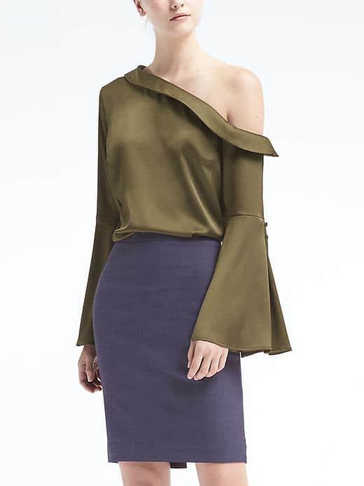 Banana Republic Womens One Shoulder Flare Sleeve Top - Seaweed