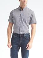 Banana Republic Mens Grant Fit Custom Wash Micro Stripe Short Sleeve Shirt - Navy Star