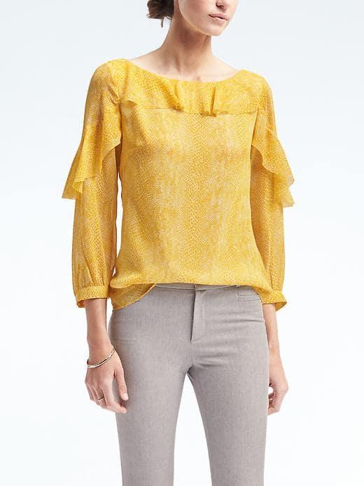 Banana Republic Womens Easy Care Snake Print Ruffle Blouse - Yellow