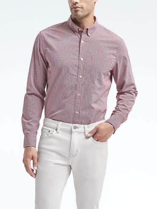 Banana Republic Mens Camden Fit Custom Wash Red Check Shirt - Modern Red