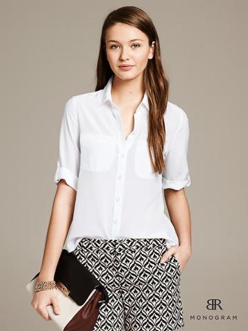 Banana Republic Monogram White Silk Safari Blouse - White