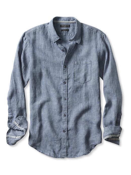 Banana Republic Mens Grant Fit Textured Indigo Irish Linen Shirt Size L Tall - Indigo