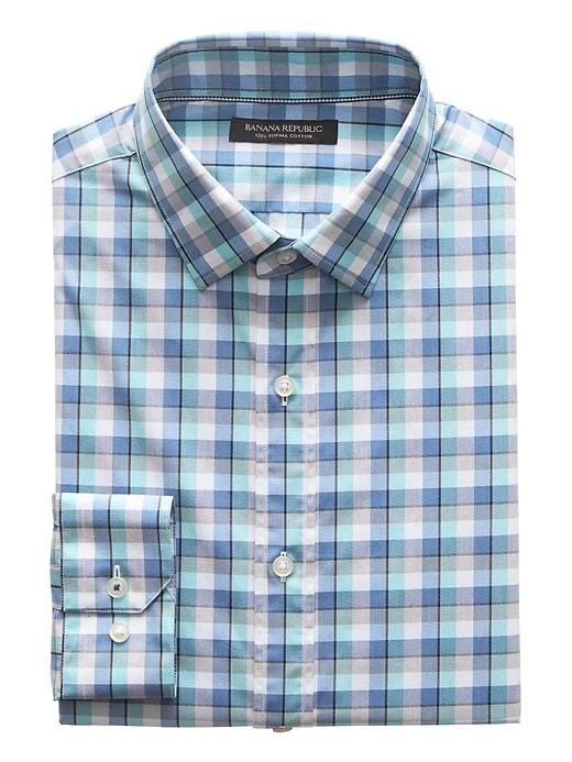 Banana Republic Mens Camden Standard-fit Supima Cotton Check Shirt Tourquoise Size Xs