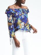 Banana Republic Womens Easy Care Floral Off Shoulder Top - Navy