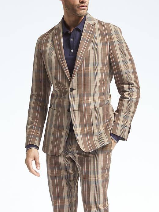 Banana Republic Mens Slim Madras Cotton Linen Suit Jacket - Khaki