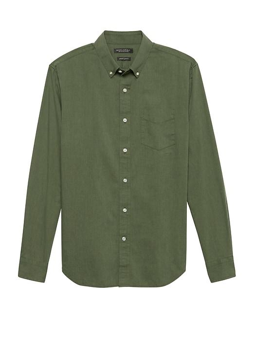 Banana Republic Mens Grant Slim-fit Heathered Oxford Shirt Deep Olive Size Xs