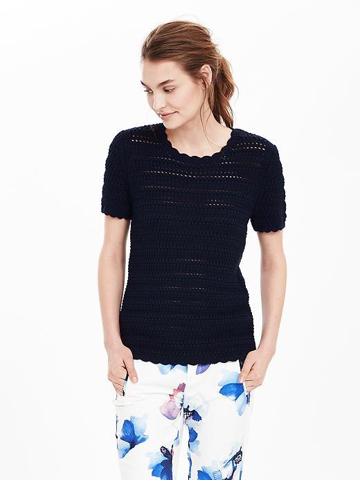 Banana Republic Womens Crochet Short Sleeve Pullover Sweater Size L - Navy