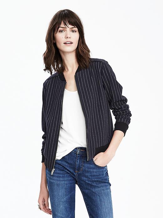 Banana Republic Womens Pinstripe Bomber Size L - Preppy Navy