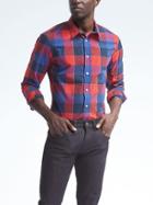 Banana Republic Mens Grant Fit Custom Wash Bold Buffalo Check Shirt - Lipstick Red