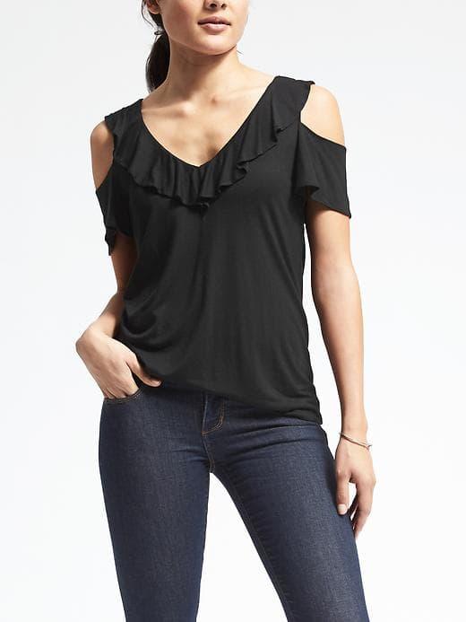 Banana Republic Womens Short Sleeve Cold Shoulder Ruffle Tank - Black