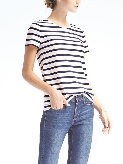 Banana Republic Womens Short Sleeve Stripe Supima Cotton Crew Tee - Navy