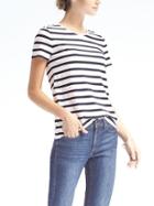 Banana Republic Womens Short Sleeve Stripe Supima Cotton Crew Tee - Navy