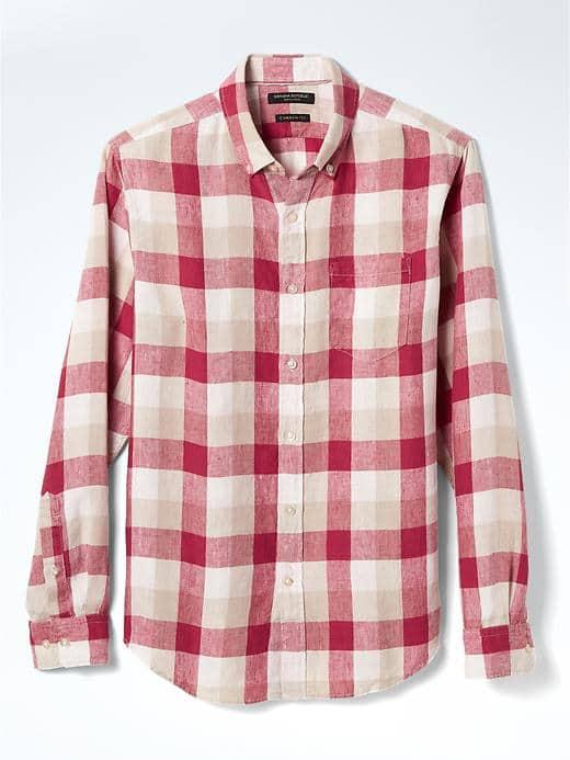 Banana Republic Mens Camden Fit Gingham Linen Shirt - Crimson Red