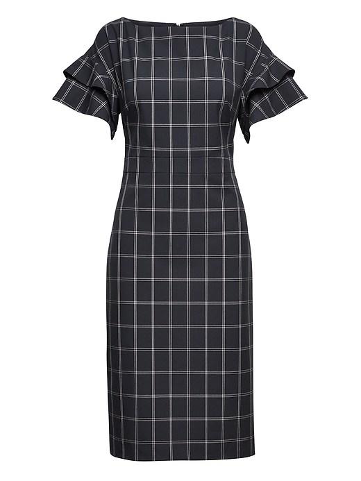 Banana Republic Womens Petite Machine-washable Windowpane Tiered Sleeve Dress Navy Size 4