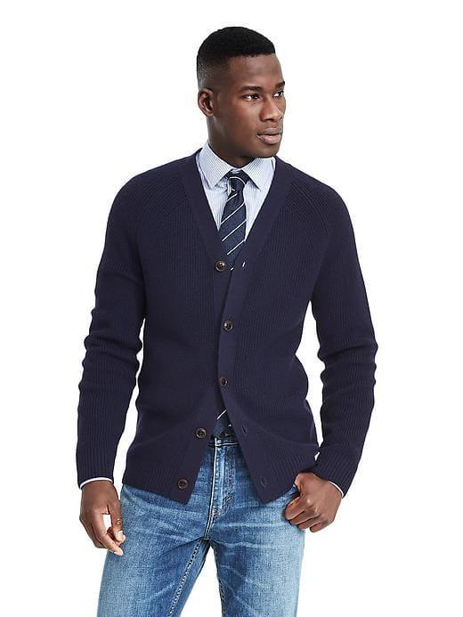 Banana Republic Mens Fashion Rib Merino Cardigan - Navy