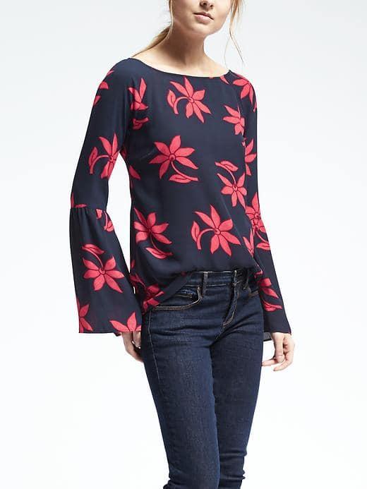 Banana Republic Womens Bell Sleeve Floral Print Top - Dark Night