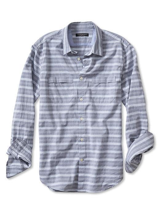 Banana Republic Mens Tailored Slim-fit Soft-wash Bold Stripe Shirt Blue Jay Size Xs