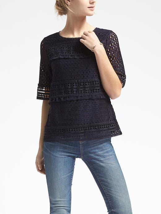 Banana Republic Womens Mixed Geo Lace Top - Navy