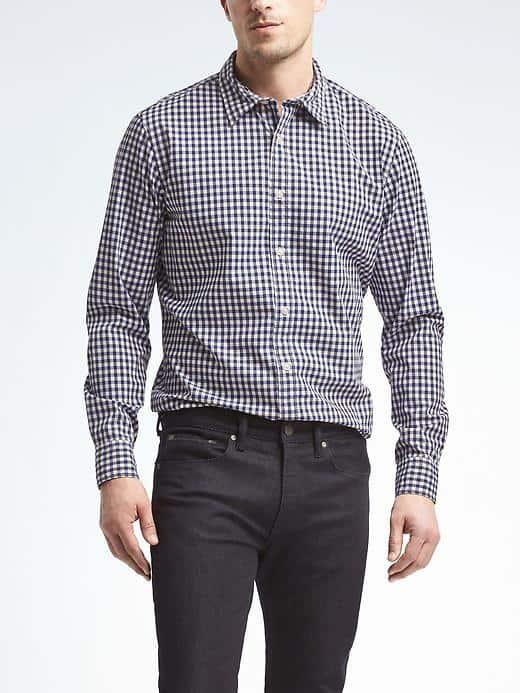 Banana Republic Mens Camden Fit Custom 078 Wash Gingham Shirt - Mantego Bay Blue