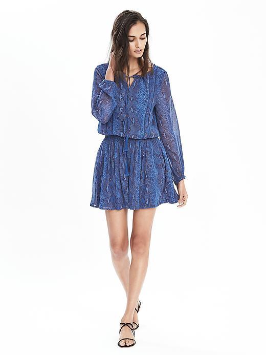 Banana Republic Womens Long Sleeve Print Boho Dress Size L Petite - Blue Dusk