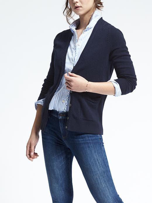 Banana Republic Womens Italian Cashmere Blend Rope Trim Cardigan - Navy