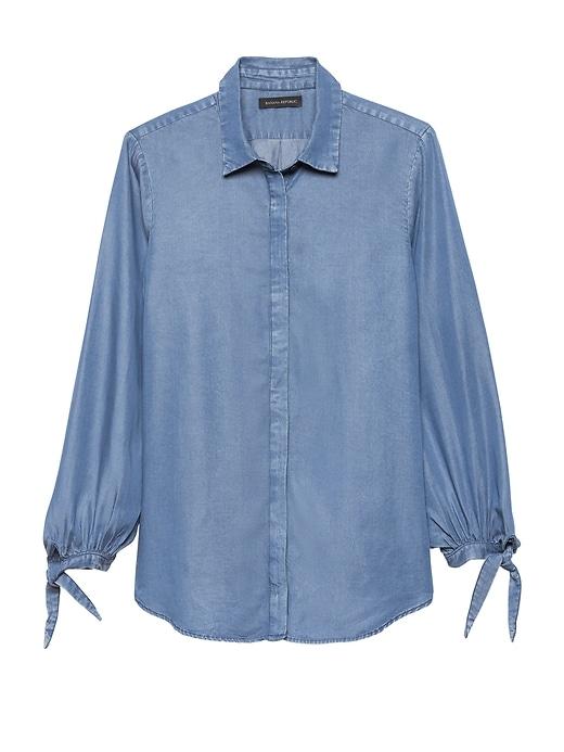 Banana Republic Womens Petite Dillon Classic-fit Tie-cuff Tencel Shirt Light Wash Size M