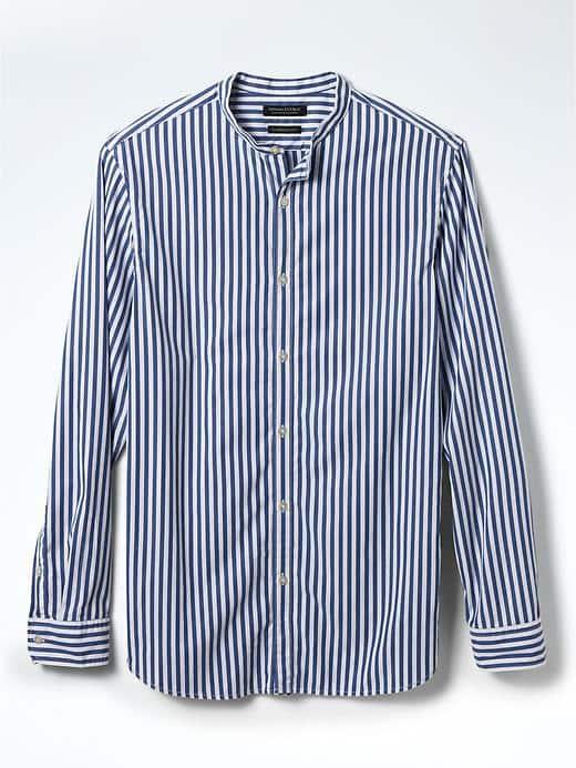Banana Republic Mens Camden Fit Custom Wash Stripe Banded Collar Shirt - Blue Murano