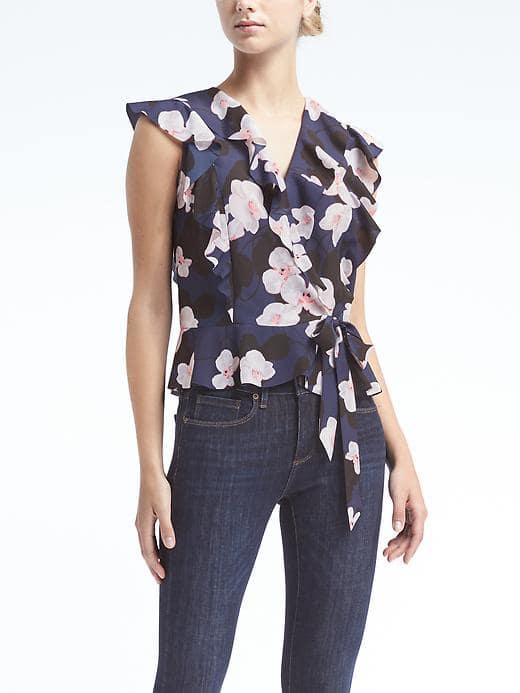 Banana Republic Womens Easy Care Ruffle Wrap Top - Black Print