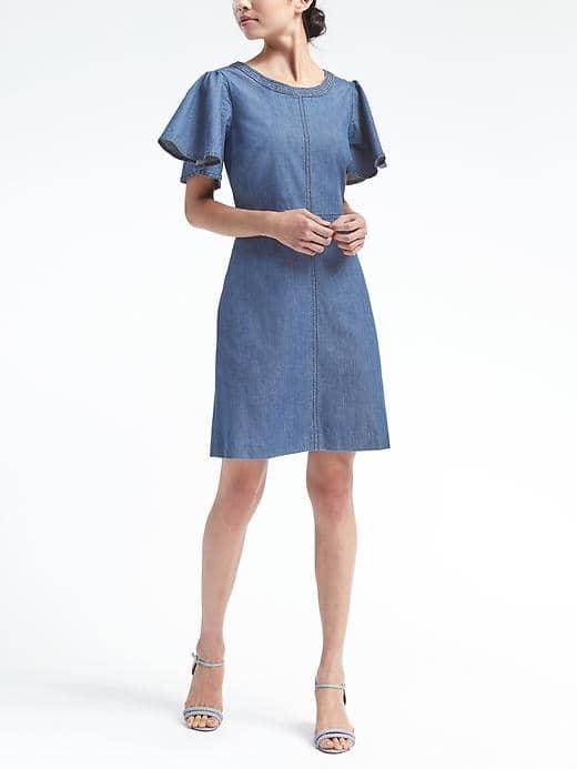 Banana Republic Womens Flutter Sleeve Denim Fit And Flare Dress - Natural Denim