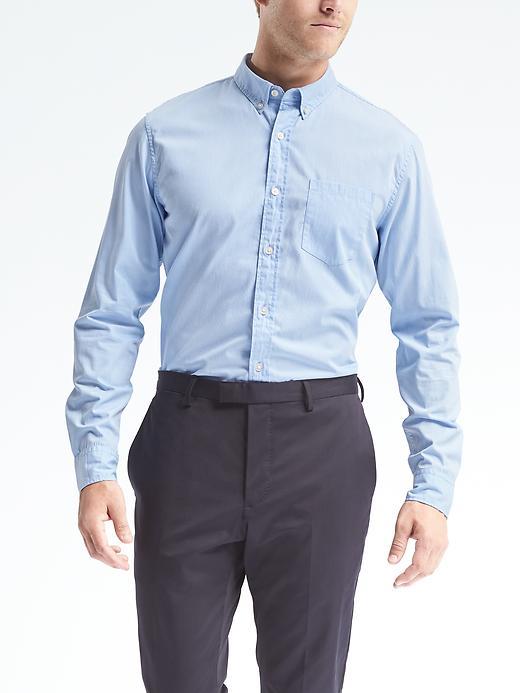 Banana Republic Mens Grant Fit Custom Wash Micro Stripe Shirt - Blue Tropic