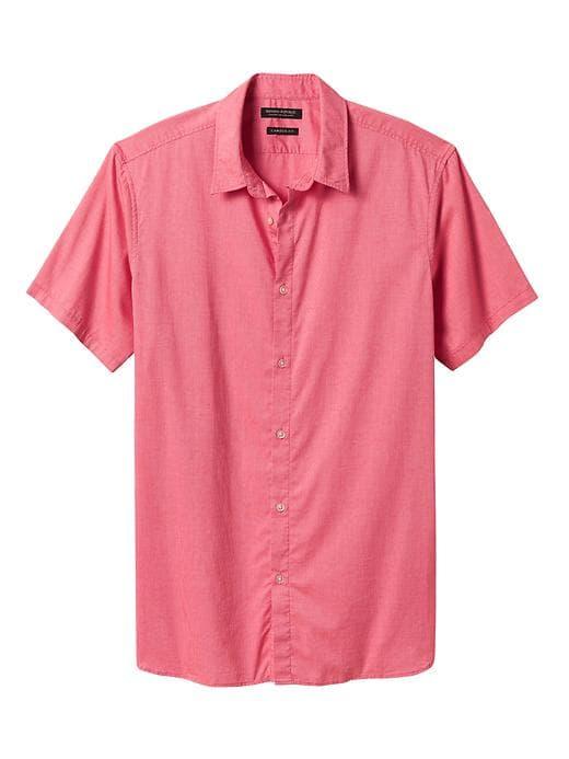 Banana Republic Mens Camden Standard Fit Short Sleeve Custom Wash Shirt - Heartthrob