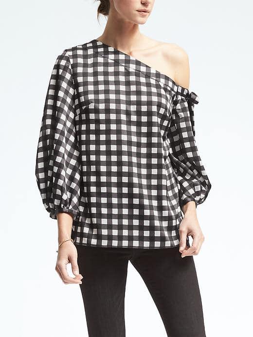 Banana Republic Womens Gingham One Shoulder Top - Navy
